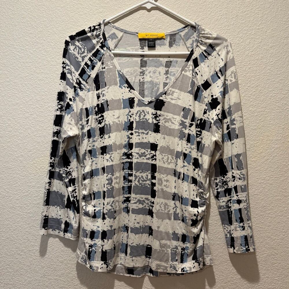 St. John Gray Multicolor Block Print V-Neck 3/4 Sleeve Blouse Size M